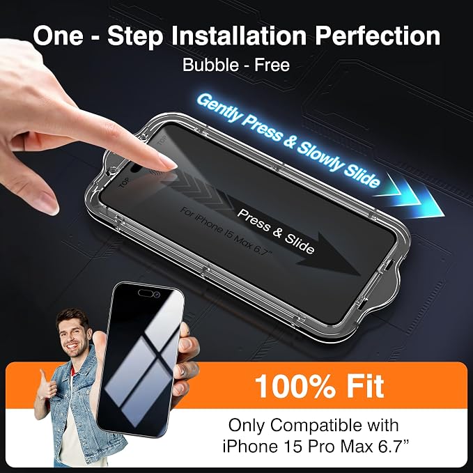 EZ-GLAZ-4+2 Pack for iPhone 15 Pro Max Privacy Screen Protector (6.7") | 2-Pack Lens Protectors, Alignment Kit, Easy Installation, 9H+ Tempered Glass, Scratch Resistant, 28° Privacy Protection - Image 2
