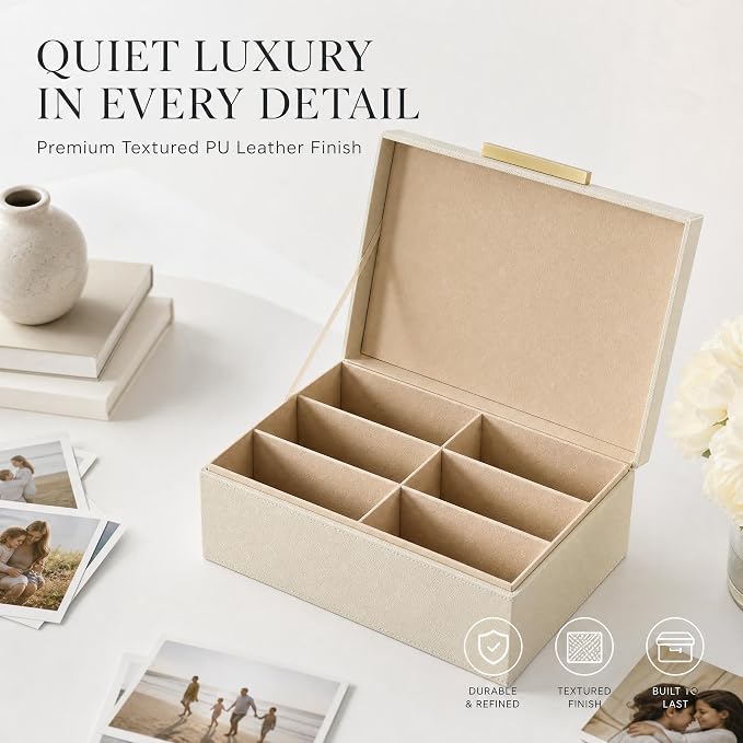 Decorative Photo Storage Box - PU Leather Organizer for 1200 4x6 Photos | Sturdy Scrapbook Storage Containers with Dividers and Lid - Portable Box Safely Stores Your Pictures - Image 7