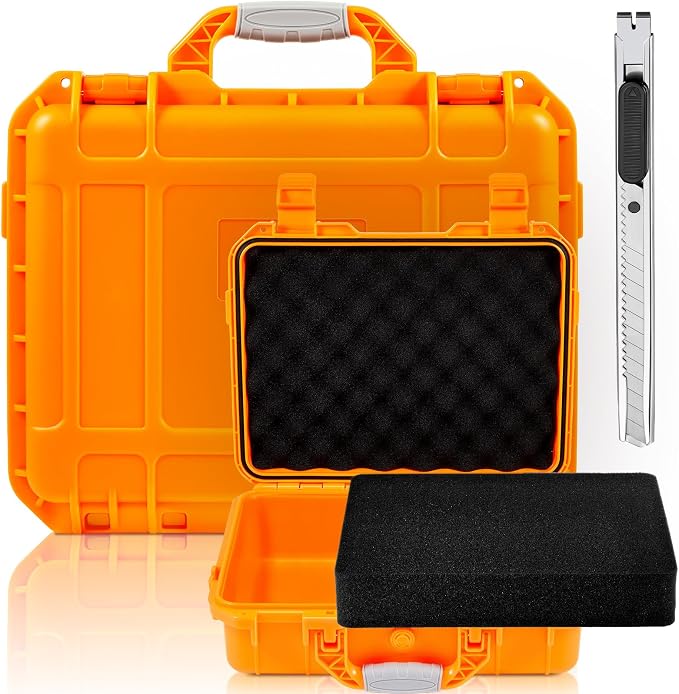 Relaxweex 1 Pcs Waterproof Hard Case with DIY Customizable Foam Insert Portable Protective Case with Knife for Camera Drones Equipments Tools Test Instruments(Orange,8.5 x 6.5 x 3.7 Inch) by Relaxweex