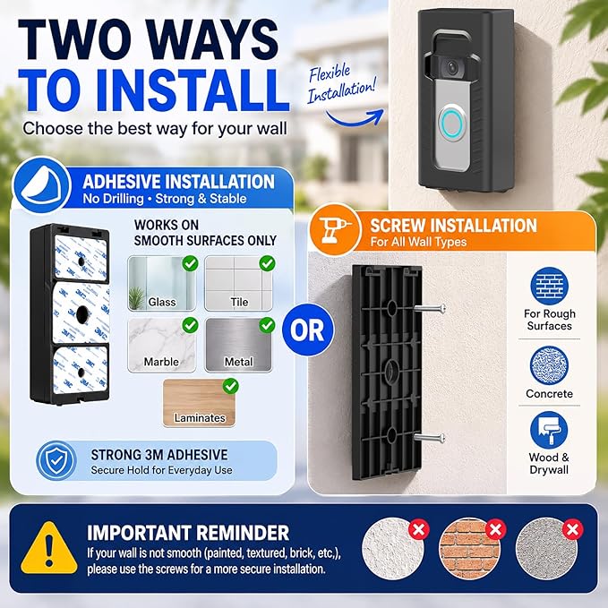 Adhesive Mount Compatible with 2024 Upgrade Video Doorbell No-Drill Mounting Bracket Cover Holder Anti-Theft Full Coverage Protective Housing for Apartments & Renters (Matte Black) - Image 5