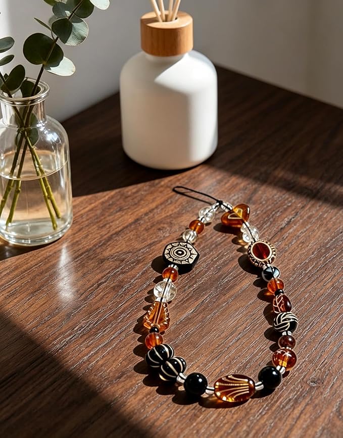 2 Pcs Phone Charm Strap Hand Wrist Strap Camera Lanyard Pearl Beaded Cute Chain String Accessories Universal for iPhone 17 Pro Max 16 15 14 for Samsung Women Girls Keychain Brown Bead and Kawaii Fruit - Image 8