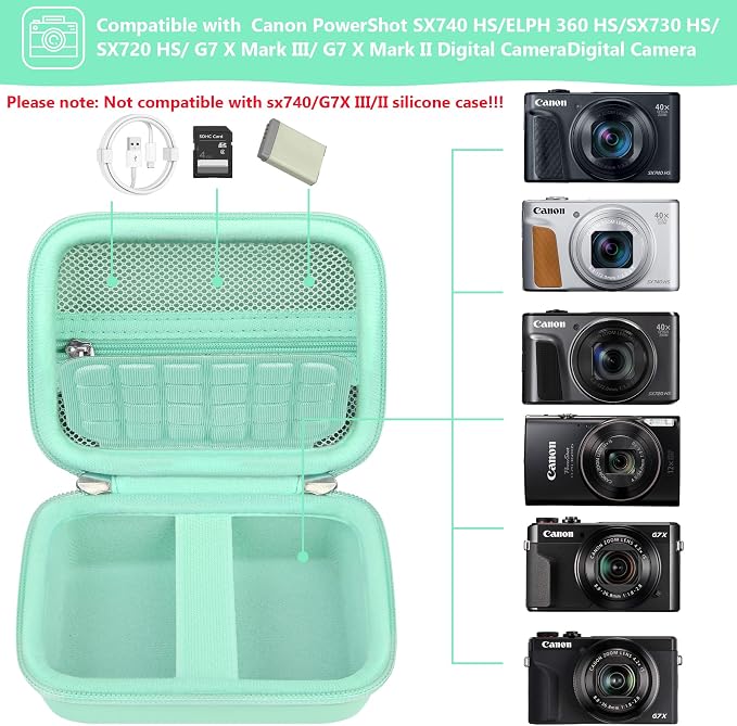 Carrying Case for Canon PowerShot SX740 HS, SX730 HS Camera, Green | SX720 HS, SX620 HS, G7 X Mark III, G7 X Mark II Digital Camera, Storage Holder Travel Bag with Mesh Pocket for Battery Pack - Image 2