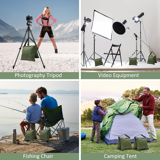 4 Packs Green Sandbag Weight Bags for Light Photography Video Equipment | Heavy Duty Saddlebags for Backdrop Stand, Photo Tripod, Canopy, Pop up Tent, Umbrella Base, Fishing Chair, Picnic Table - Image 6