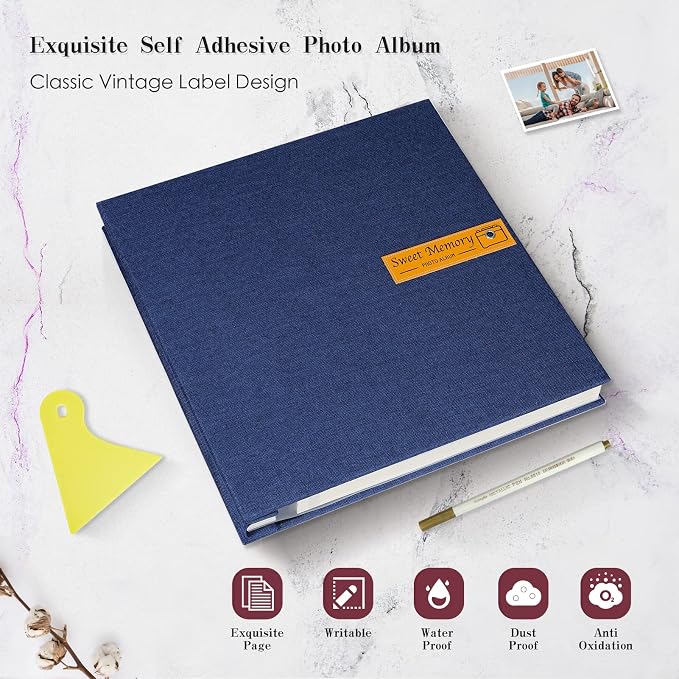 Large Photo Album Self Adhesive Magnetic Scrapbook,Scrapbook Album for 4x6 5x7 8x10 Picture,40 Pages Linen Cover Memory Book for Wedding Family Baby, with Metallic Pen and Scraping Plate(Grey) - Image 4
