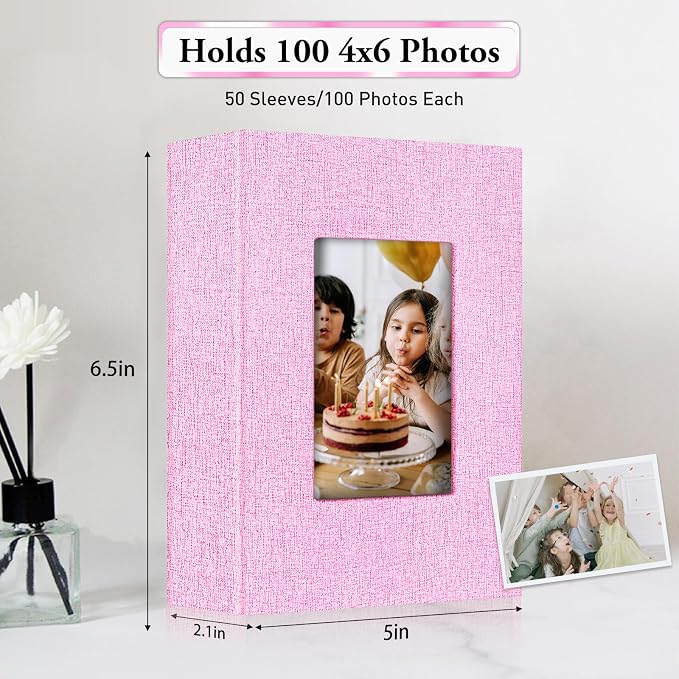 Small Photo Album 4x6,Linen Cover Slide-in Mini Photo Album Book Can Holds 100 4x6 Photos with 50 Black Sheets for Baby Family Pictures Artwork or Postcards Storage (Pink) - Image 3