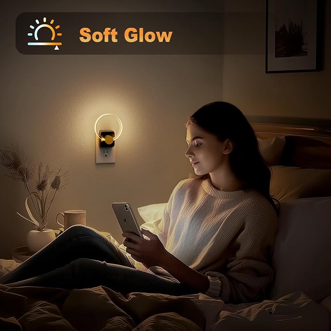 JandCase Night Light, 2 Pack Color Changing Night Lights Plug into Wall | RGB Nightlight with Light Sensor, 180° Rotatable Plug in Nightlights, Dimmable Ring Acrylic Night Light for Kids Gift Hallway - Image 7