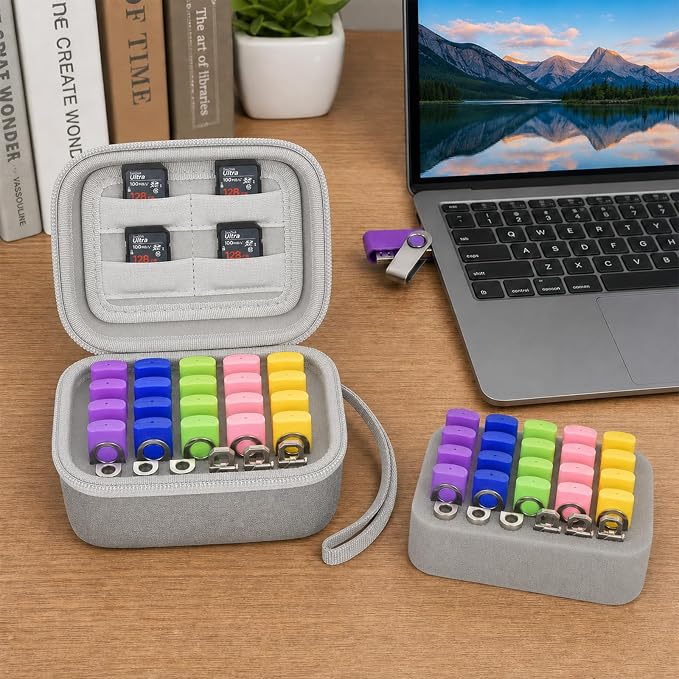 Comecase USB Flash Drive Case, Holds 26 USB Drives and 4 SD Cards | Pre-Cut Foam Fits Mixed USB Drives; EVA Shell, Holds 26 USB & 4 SD Cards, Compact, Grey, Small, Case Only - Image 9