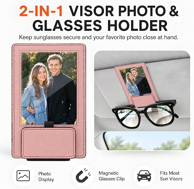 2-in-1 Car Visor Sunglasses & Photo Holder, Magnetic PU Leather Glasses Clip with Picture Display Slot, Universal Sun Visor Organizer for Eyeglasses, Personalized Cards & Memories, Soft Pink - Image 3