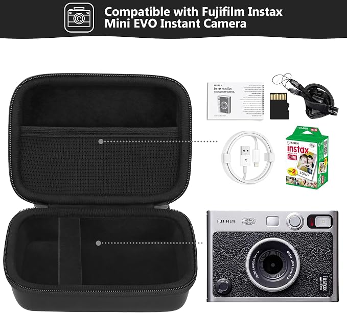 Carrying Case Compatible with Fujifilm Instax Mini EVO Instant Camera, INSTAX MINI EVO Camera Storage Holder Travel Bag with Mesh Pocket for Photos, USB Cables, Film, Black - Image 2