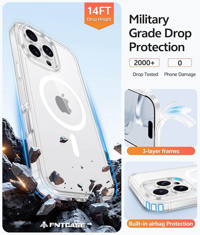 FNTCASE for iPhone 16 Pro Case, Fit for Magsafe, with Screen Protector | Anti Yellowing Magnetic Back, 14FT Military Grade Drop Protection, Shockproof Protective Phone Cover, Transparent - Image 5