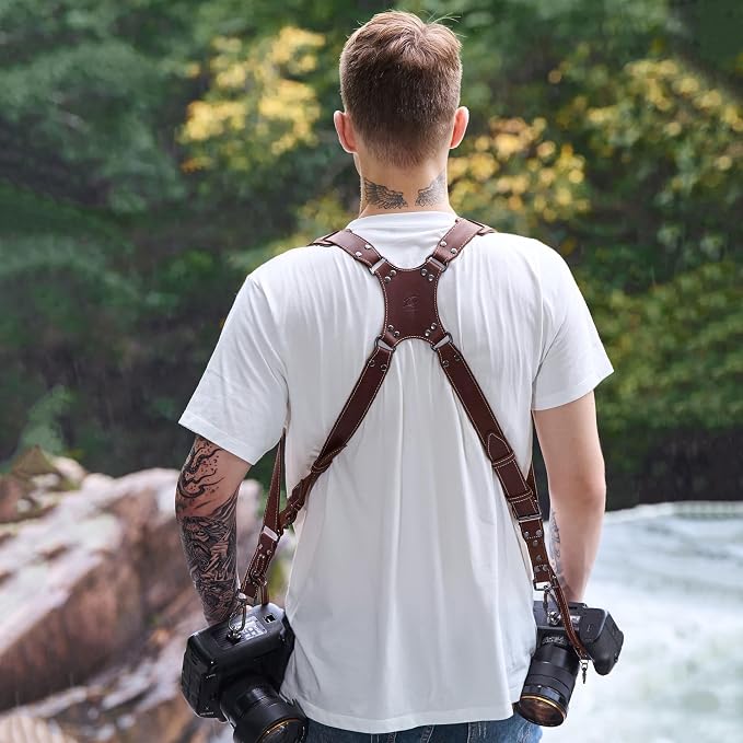 Padwa Lifestyle Dark Brown Dual Camera Harness for Two Cameras - Wide Strap with Thick Shoulder Padded,Full Grain Leather Double Harness,Multi Camera Gear for DSLR Strap for Photographers - Image 5