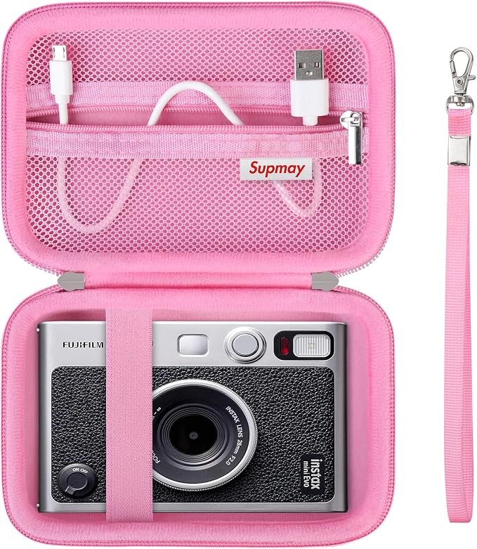 Carrying Case Compatible with Fujifilm Instax Mini EVO Instant Camera, INSTAX MINI EVO Camera Storage Holder Travel Bag with Mesh Pocket for Photos, USB Cables, Film, Pink by Supmay