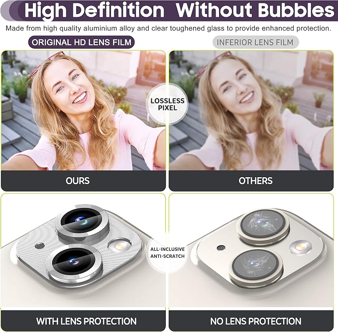 Suoman for iPhone 14 6.1 inch/iPhone 14 Plus 6.7 inch Camera Lens Protector, 9H Tempered Glass Film, [Does not Affect Night Shots] Metal Lens Protective Cover - Silver - Image 6
