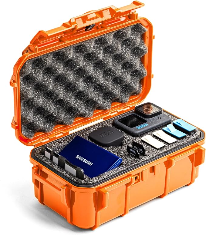 Evergreen Dry Box Tech Organizer – For Camera, Cables, Hard Drives, Memory Cards, Keys, Compatible with GoPro, Airtags (Large, PROFoam, Orange) by EvergreenCases