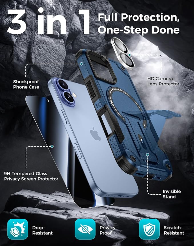 Goton 3 in 1 for iPhone 17 Case with Privacy Screen Protector Blue | Glass Camera Lens Protector,Compatible for MagSafe,Invisible Kickstand, Shockproof Phone Cover for iPhone17 - Image 3