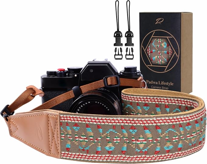 Padwa Lifestyle Matte Gold Camera Strap - 2" Full Grain Leather Ends Camera Straps for Photographers, Vintage Embroidered Cotton Weave Soft Suede Fabric Padded Strap Quick Release fits All Cameras by PadwaLifestyleCameraStrap