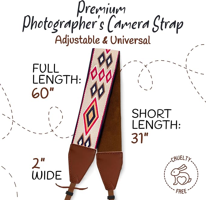 Art Tribute Camera Strap - Shoulder, Crossbody & Neck Camera Strap for Photographers, Fits All Cameras, Canon Nikon Sony Fujifilm, Padded Strap W/Quick Release, Embroidered Cotton & Leather Ends - Image 5