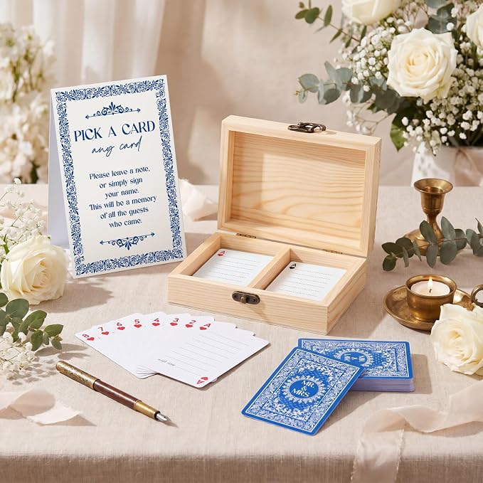 AceOrbit 57 Pack Blue Wedding Guest Book Playing Cards Set with Wooden Box | Navy Blue Wedding Signing Guestbook Alternative Personalized Blank Deck of Cards for Guest Reception Vegas Bridal Shower Game - Image 2