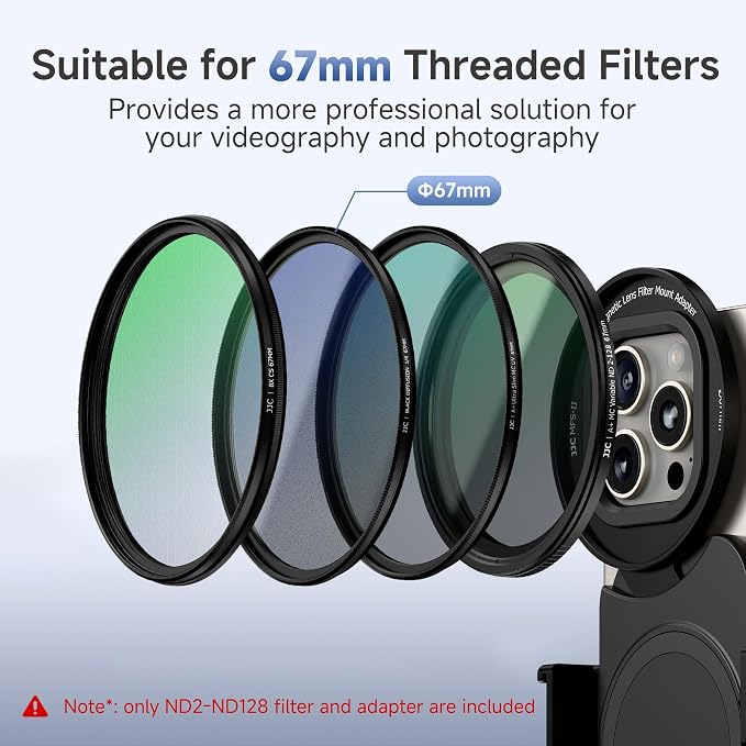 JJC ND Filter for iPhone, Lens Adapter with 67mm Variable ND2-128 Filter | Magnetic Lens Attachment for iPhone 16 15 14 Pro Max Plus, with 1/4" Screw & Cold Shoe, Ideal for Vlog/Video/Photography - Image 3