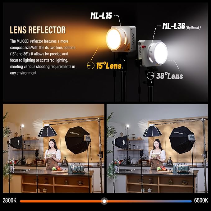 Godox ML100Bi 120W Portable LED Video Light 34300 Lux CRI 96+/TLCI 97+ | ML100 Bi Color COB LED Video Light 2800K-6500K 11 FX Effects for Filming Live Streaming Studio Photography - Image 2