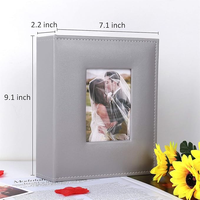 RECUTMS Photo Albums 4x6 Photos 200 Pocket Leather Album for Family Grey | Black Page, Horizontal Pockets, Family Anniversary Wedding Memo Book, DIY Cover Window, Small Photobook Kids, Slip-in Picture - Image 4