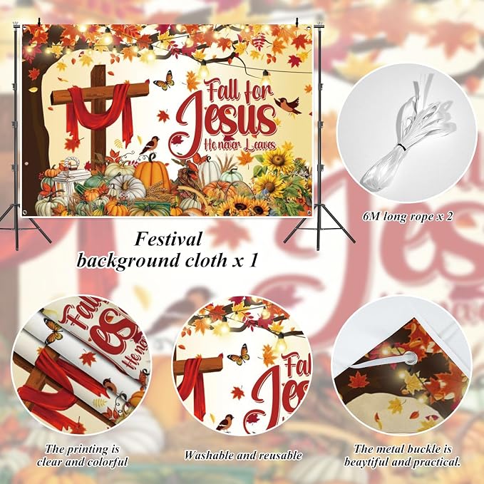 Fall for Jesus Backdrop Banner He Never Leaves Backdrops for Wall 10x8ft | Thanksgiving Autumn Photography Background with Maple Leaves, Pumpkin, Sunflower, Christian Church Event Party Decorations - Image 4