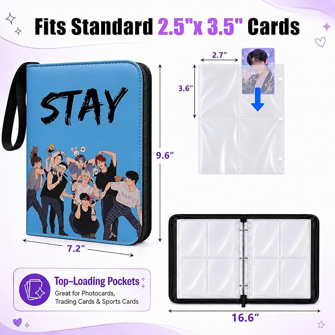 Cute Trading Photocard Binder, STAY Photo Album Cartoon Card Holder Book Storage 400 Cards with Sleeves for Lomo Cards Gift - Boys & Girls, idol Photo Protect (Blue, 4 Pockets) - Image 5