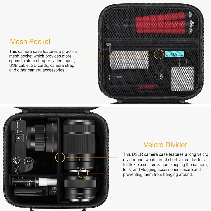 RAIALL Case for Sony Alpha ZV-E10/a6000/a6400/a6700/7 II IV Camera, Black | for a6100/a6600/ZV-E10 II/ZV E1 Mirrorless Digital Camera and Lens, Hard Travel Bag with a Shoulder Strap and 3 Dividers - Image 4