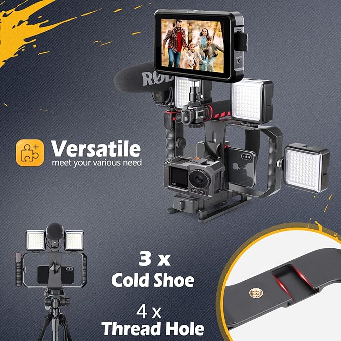 Zeadio Camera Smartphone Handheld Stabilizer, Triple Cold-Shoe Handle Grip Compatible with All Camera Action Camera DSLR Smartphone - Image 6