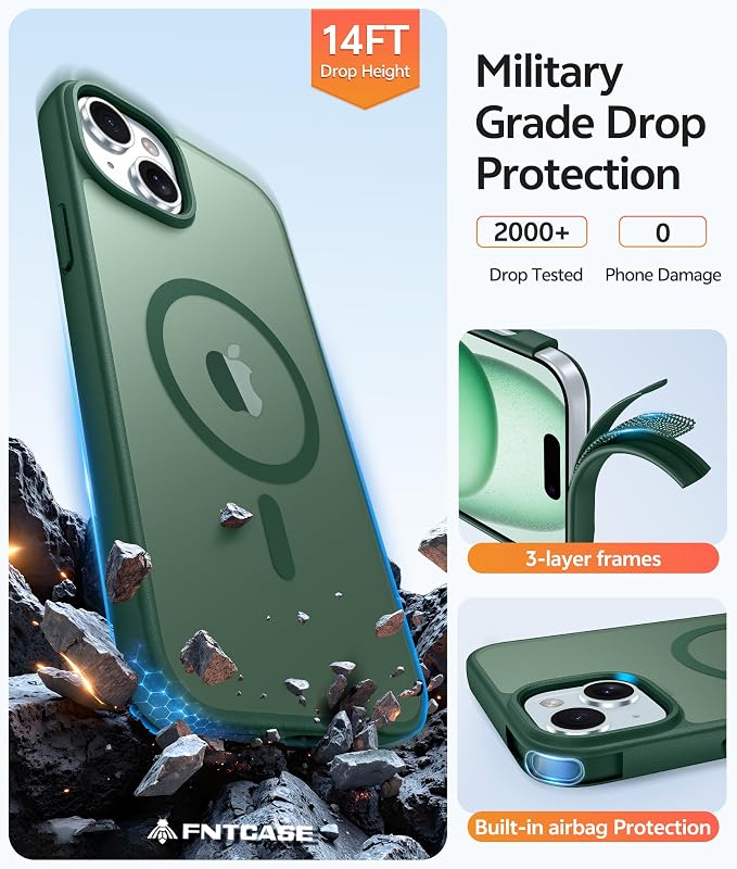 FNTCASE for iPhone 15/14/13 Case, Fit for Magsafe, Glass Screen Protector | Translucent Matte, Magnetic Phone Cases, 14FT Military Grade Drop Protection, Slim Shockproof Protective Cover, Green - Image 6
