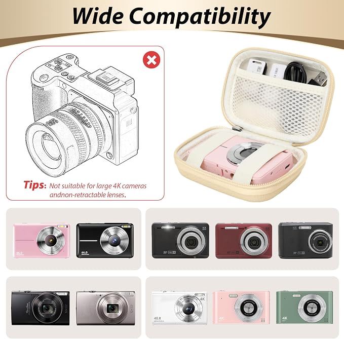 Digital Camera Case for KODAK PIXPRO FZ55/FZ45, Case Only,Light Khaki | Fits CAMKORY DC403 and Canon PowerShot ELPH 360 HS Compact Digital Cameras, Small Hard Shell Camera Pouch with Mesh Pocket - Image 3