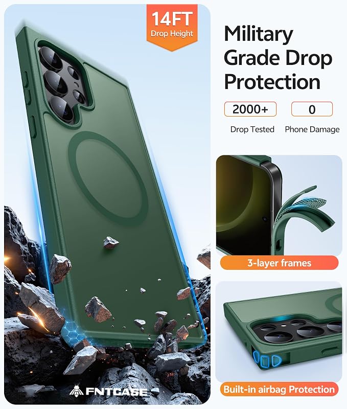 FNTCASE for Samsung Galaxy S23 Ultra Case, Compatible with Magsafe, Green | Translucent Matte Magnetic Back, 14FT Military Grade Drop Protection, Shockproof Protective Phone Cover - Image 5