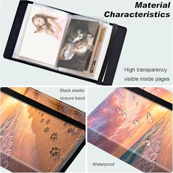 DEGDFSGR 5x7 Small Photo Album, 60 Pockets Holds 120 Photos | Slip-in pockets, black elastic band, portable for family, wedding, baby, travel photos, Sunset Beach Ocean Waves Paw Prints - Image 5