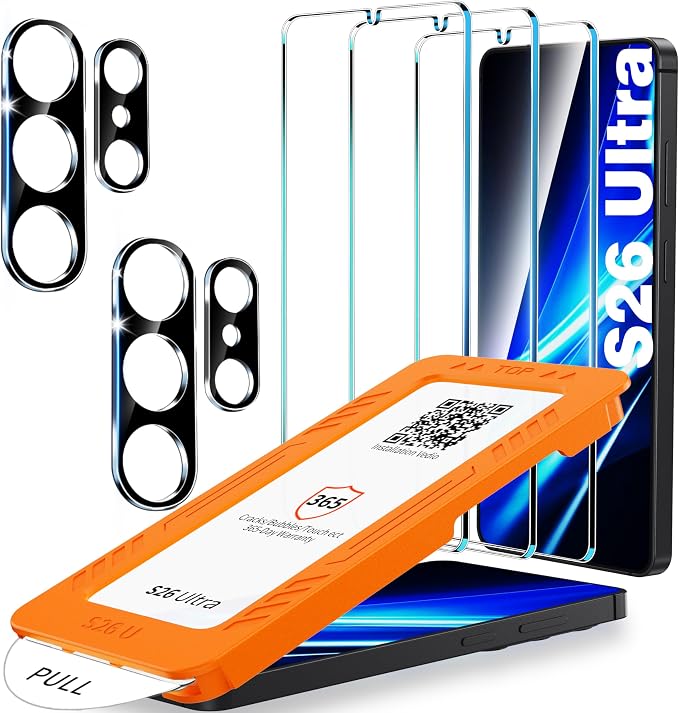 letosan 3 Pack for Samsung Galaxy S26 Ultra Screen Protector Tempered Glass + 2 Sets Camera Lens Protector, Military Grade Shatterproof, 9H+ Hardness, Auto Alignment Frame 6.9 Inch by letosan