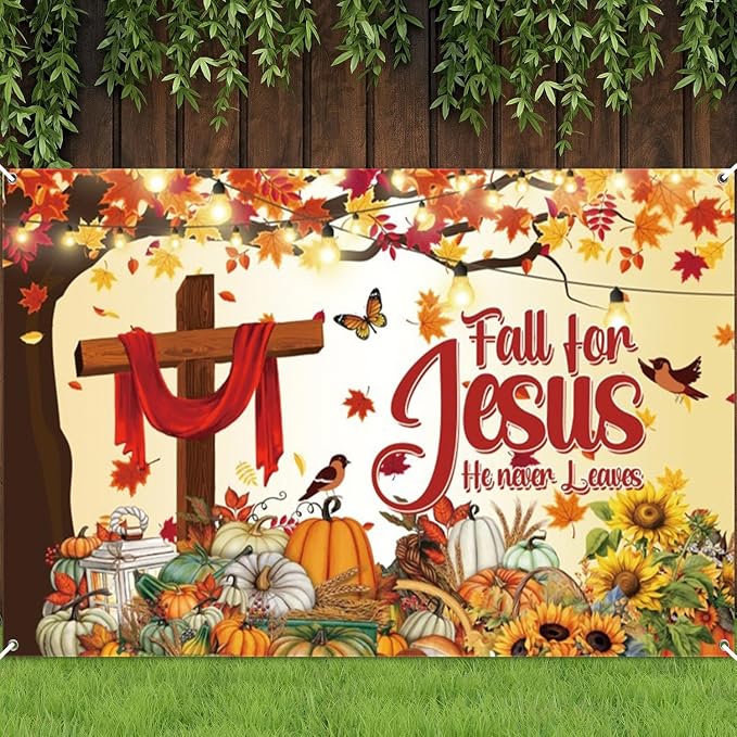 Fall for Jesus Backdrop Banner He Never Leaves Backdrops for Wall 10x8ft | Thanksgiving Autumn Photography Background with Maple Leaves, Pumpkin, Sunflower, Christian Church Event Party Decorations - Image 8