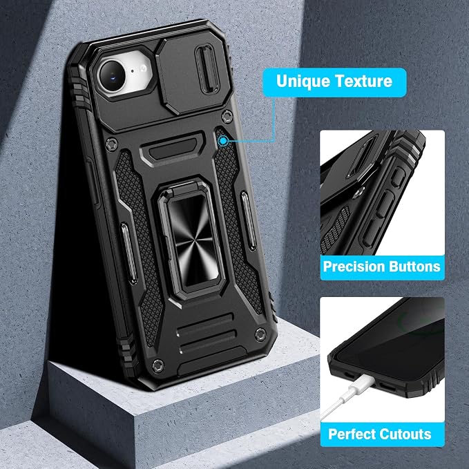 VEGO for iPhone 17e/ iPhone 16e Case with Privacy Screen Protector Black | Slide Camera Cover & Ring Kickstand Military Grade Heavy Duty Protection Cover for iPhone 17e 5G 6.1 Inch - Black - Image 7