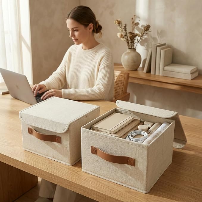 Decorative Linen Storage Boxes with Lids - Spacious Set of 2 Organizer Bins | The Perfect Small Container for Home Decor - Safely Store Photos, Documents and Memory Box Keepsakes in Style - Image 8