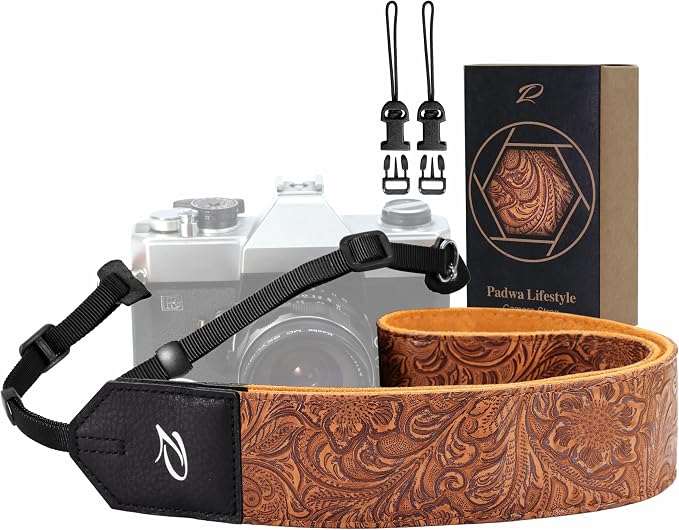 Padwa Lifestyle Camera Strap - 2" Brown Faux Leather Carving Camera Straps with Full Grain Leather Ends for Photographers, Vintage Soft Suede Fabric Padded Strap Quick Release fits All Cameras by PadwaLifestyleCameraStrap
