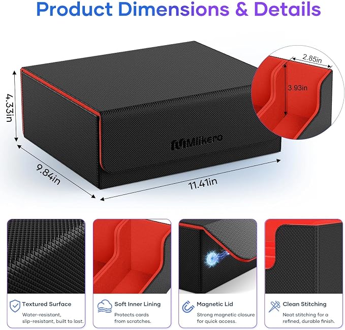 Mlikero Trading Card Storage Box, Bulk Card Storage for 1800+ Sleeved Cards, PU Leather Magnetic Closure Card Organizer with 10 Dividers & 3 Foam Stoppers, Fit for MTG, TCG and Sports Cards (Red) - Image 6
