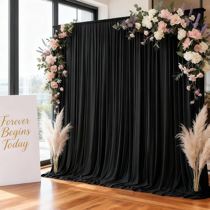 8ftx10ft Wrinkle Free Black Backdrop Curtain - 10 Feet Photography Backdrop Drapes, Silky Polyester Back Drop Cloth for Wedding Baby Shower Balloon Arch Background - Image 2