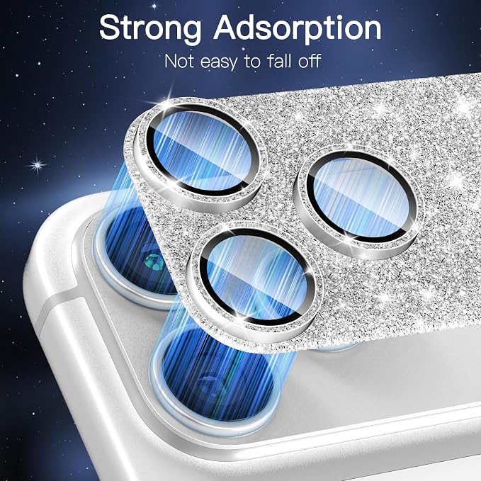 [2 Pack Bling Camera Lens Screen Protector for iPhone 17 Pro with 9H Tempered Glass Aviation Aluminum Plate Cover Metal Ring,Night Circle,No Bubble,HD Clarity,Easy Installation-Glitter Silver - Image 7