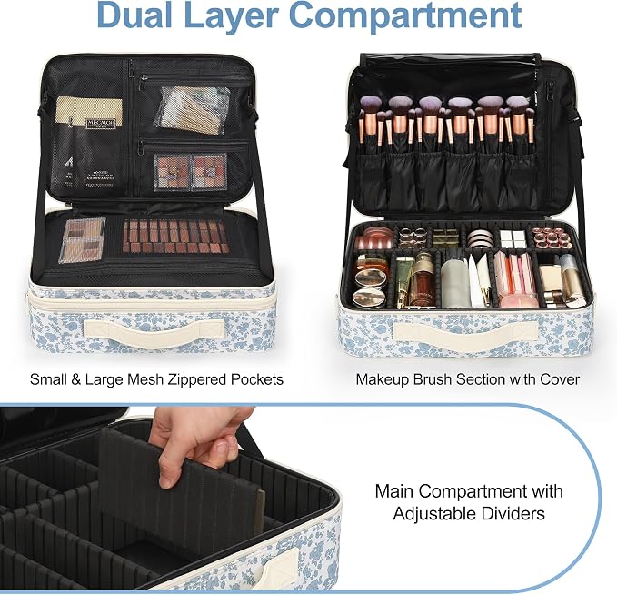 Relavel Large Makeup Bag, Floral Cosmetic Bag for Women, Professional Travel Train Case Portable Makeup Artist Bag Make Up Storage Organizer Box with Adjustable Dividers and Makeup Brush Compartment - Image 4