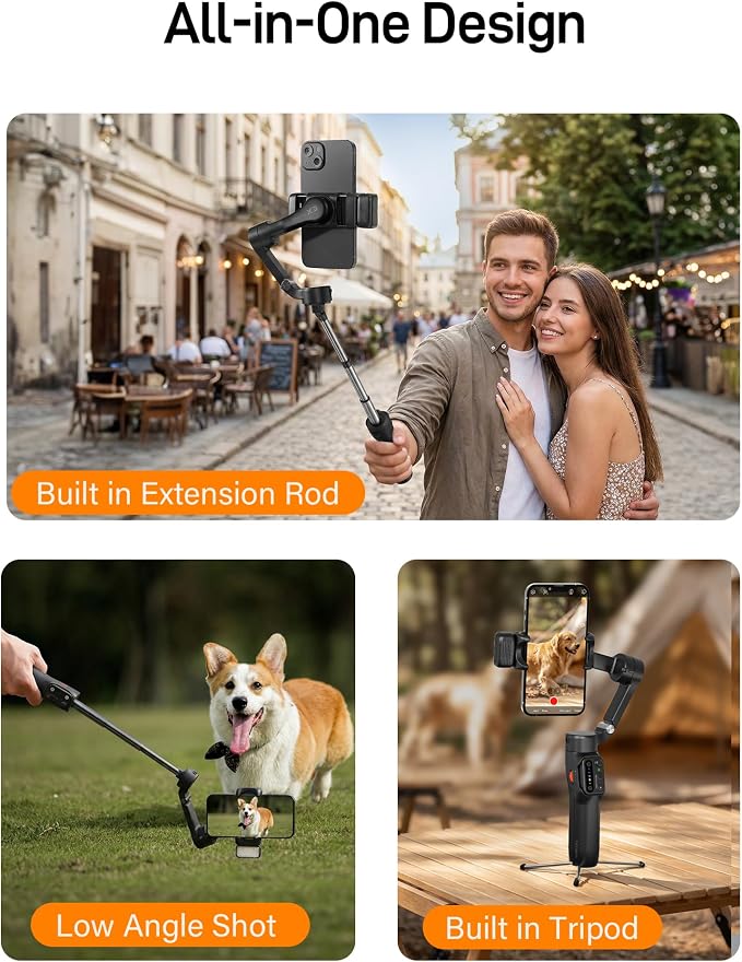 hohem iSteady X3 3-Axis Gimbal Stabilizer for iPhone & Android, Black | Detachable Remote, iSteady 8.0 Anti-Shake, Tripod & Extendable Rod, Magnetic Fill Light, AI Tracking, Foldable 0.93lb Design - Image 6