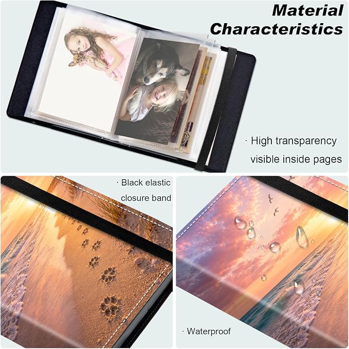 DEGDFSGR 4x6 Small Photo Album, 60 Pockets Holds 120 Photos | Slip-in pockets, black elastic band, portable for family, wedding, baby, travel photos, Sunset Beach Ocean Waves Paw Prints - Image 5