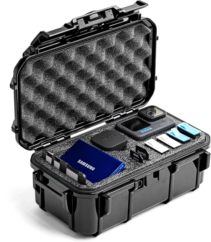 Evergreen Dry Box Tech Organizer – For Camera, Cables, Hard Drives, Memory Cards, Keys, Compatible with GoPro, Airtags (Large, PROFoam, Black) by EvergreenCases