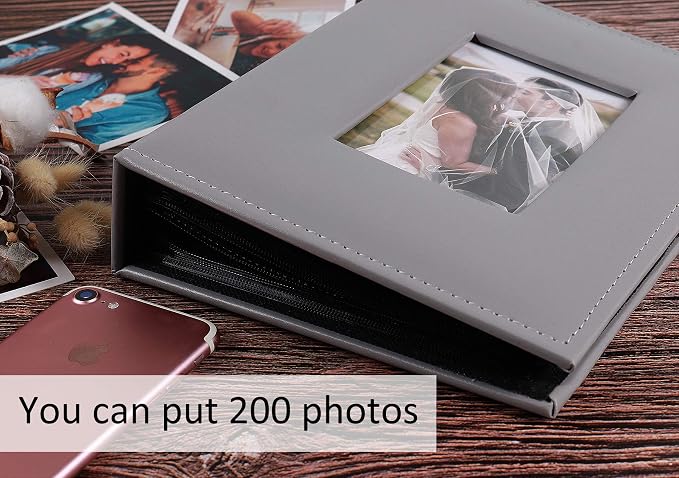 RECUTMS Photo Albums 4x6 Photos 200 Pocket Leather Album for Family Grey | Black Page, Horizontal Pockets, Family Anniversary Wedding Memo Book, DIY Cover Window, Small Photobook Kids, Slip-in Picture - Image 6