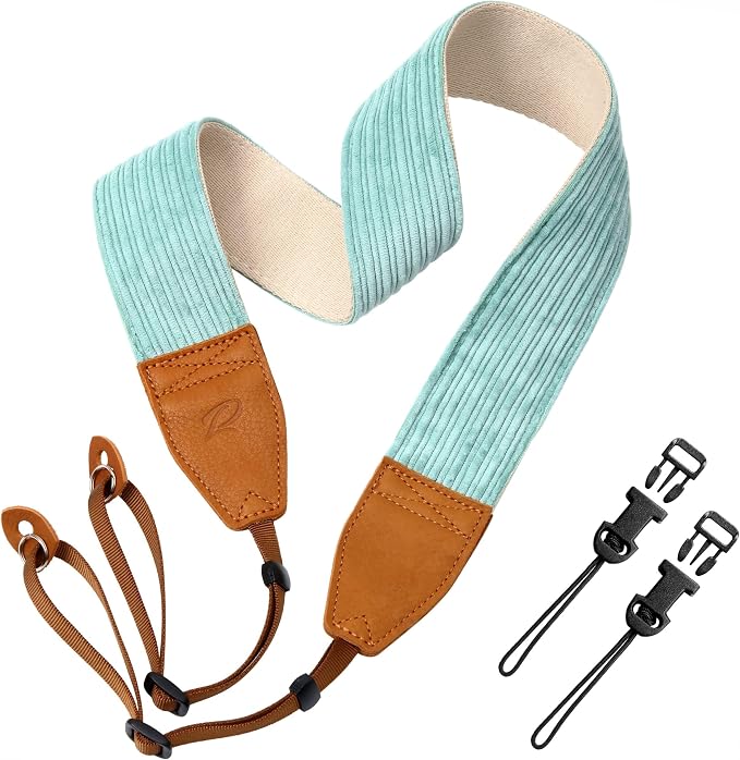 Padwa Lifestyle Corduroy Camera Strap - 2" Double Layer Full Grain Cowhide Leather Head Camera Straps for Photographers,Unique Soft Corduroy Fabric with Quick Release fits all Cameras - Fresh Green by PadwaLifestyleCameraStrap