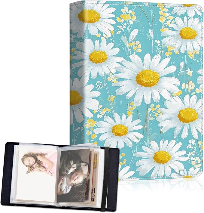Small Photo Album 4x6, 60 Pockets Holds 120 Photos, Slip-in Pocket Photo Album with Black Elastic Band for Family Wedding Baby Travel Pictures, White Daisy Floral by Unknown