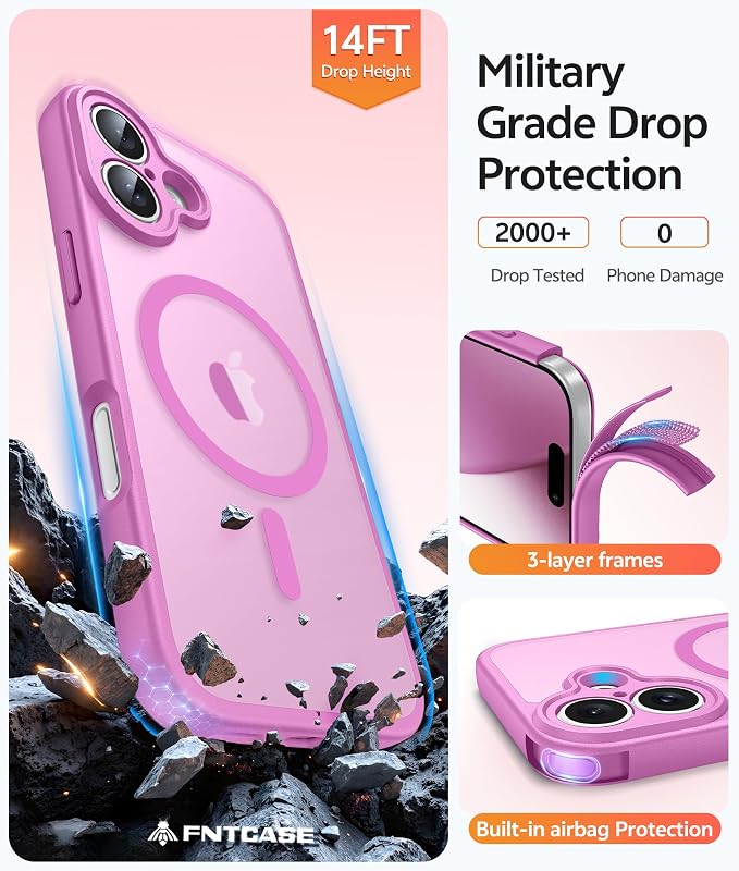 FNTCASE for iPhone 17 Case, Compatible with Magsafe, Glass Screen Protector | Full Camera Protection, Translucent Matte, 14FT Military Grade Drop Proof, Shockproof Protective Phone Cover, Pink - Image 5