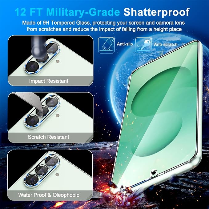 firtstnow 3 Pack for Samsung Galaxy S25 Screen Protector Tempered Glass + 3 Pack Camera Lens Protector, Military Grade Shatterproof, 9H Hardness, Fingerprint Unlock, Case Friendly 6.2 Inch - Image 5